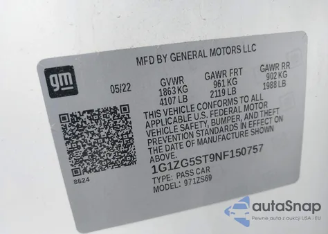 2022 Chevrolet Malibu Fwd Rs из США, поврежденный, VIN 1G1ZG5ST9NF150757